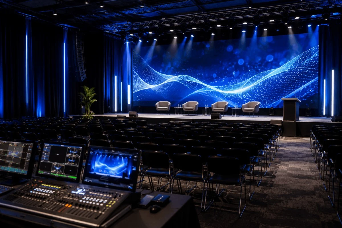 LED wall and stage lighting at a conference production setup