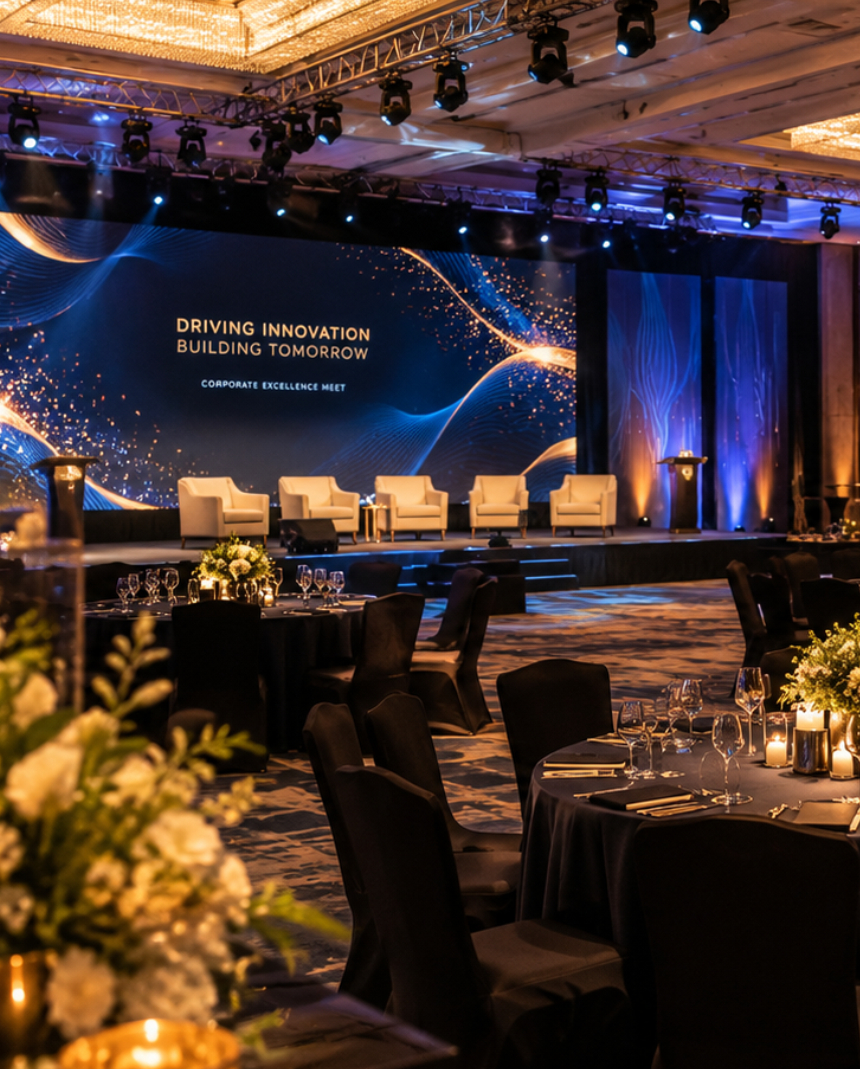 Corporate gala ballroom with an LED stage backdrop and banquet tables